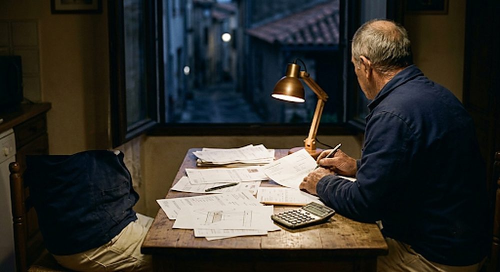 Artisan attablé le soir sous une lampe, devis et papiers étalés devant lui