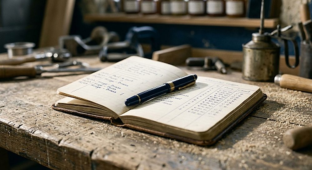 Carnet de comptes ouvert sur un établi d'atelier, stylo posé en travers