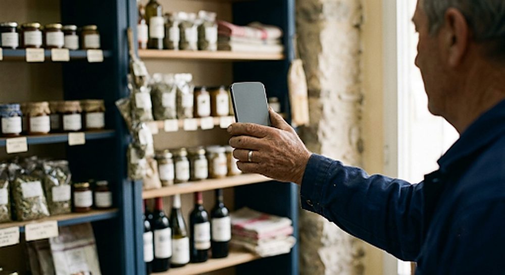 Main d'un commerçant tenant un téléphone devant les étagères de sa boutique