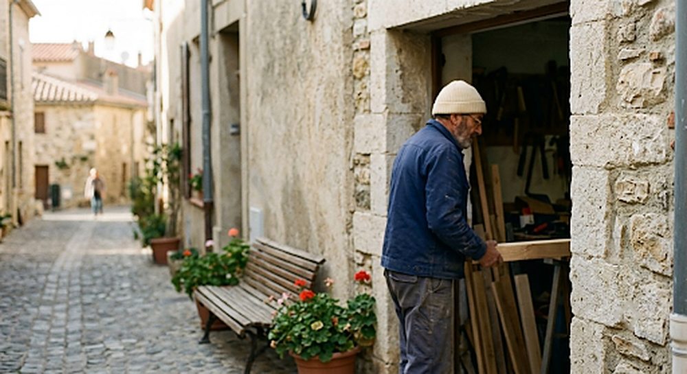 Artisan menuisier devant la porte ouverte de son atelier, dans une ruelle de village