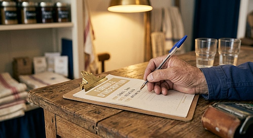 Main remplissant au stylo un formulaire papier sur un porte-bloc, à un comptoir