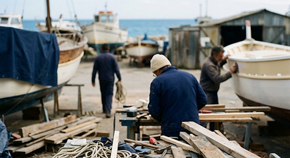 Artisans réparant des bateaux en bois sur un chantier naval au bord de la Méditerranée