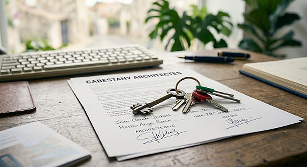 Trousseau de clés posé sur un contrat signé, sur un bureau en bois