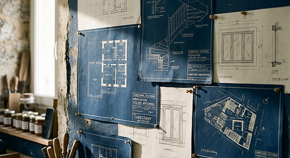 Plans d'architecte punaisés côte à côte sur le mur en pierre d'un atelier