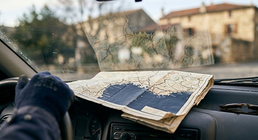 Carte routière dépliée sur le tableau de bord d'une voiture