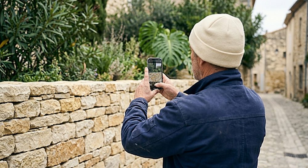Maçon photographiant au téléphone le mur en pierre sèche qu'il vient de monter