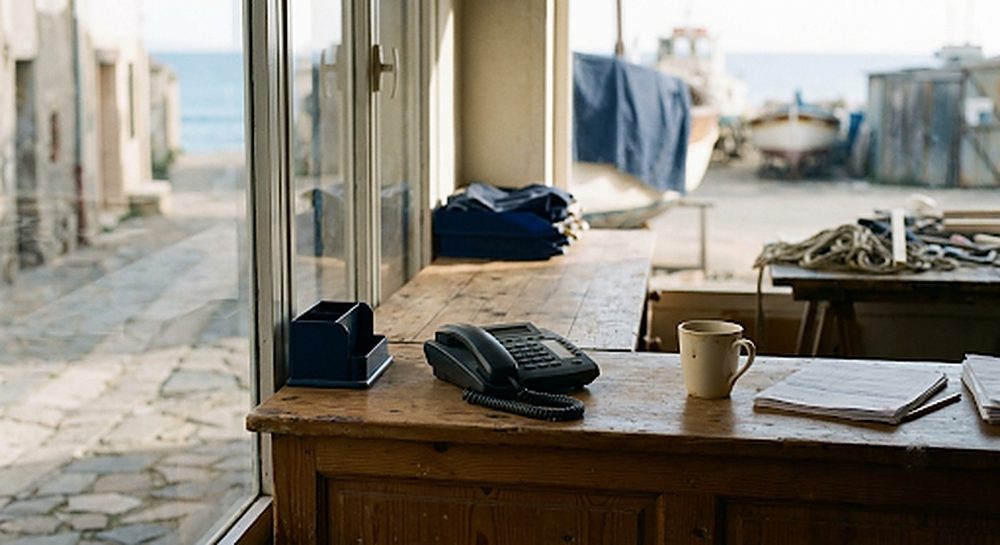 Téléphone fixe silencieux sur le comptoir en bois d'un commerce désert