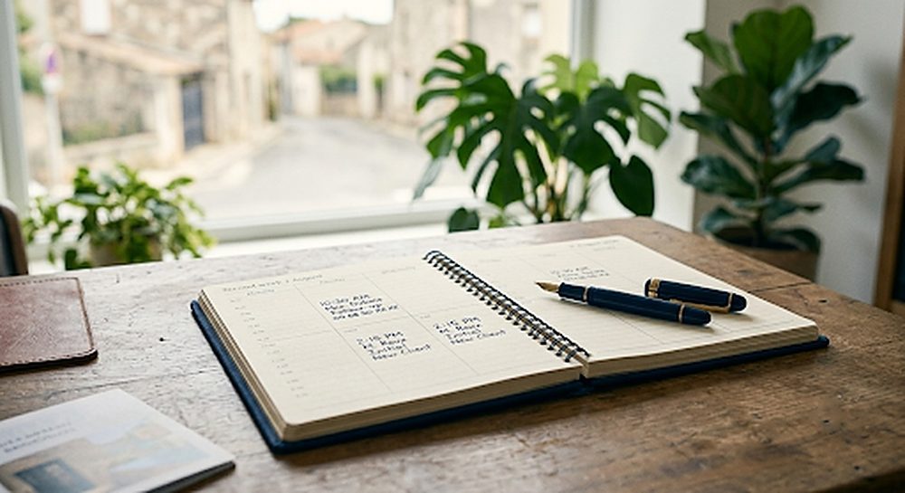 Carnet de rendez-vous papier ouvert sur un bureau, près d'une fenêtre