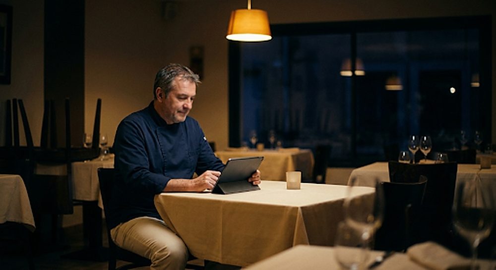 Restaurateur attablé avec une tablette dans sa salle vide, après le service