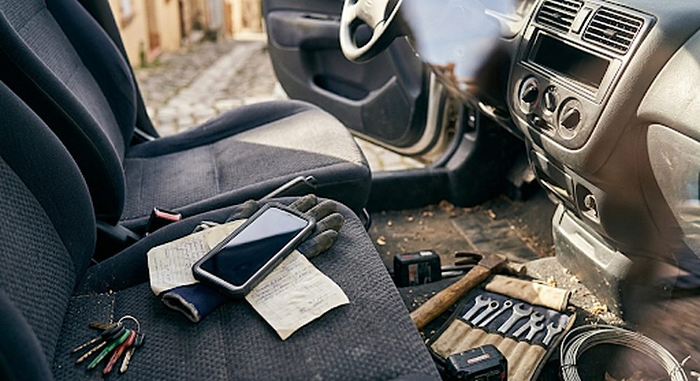 Téléphone et gants posés sur le siège d'un utilitaire d'artisan, outils au sol