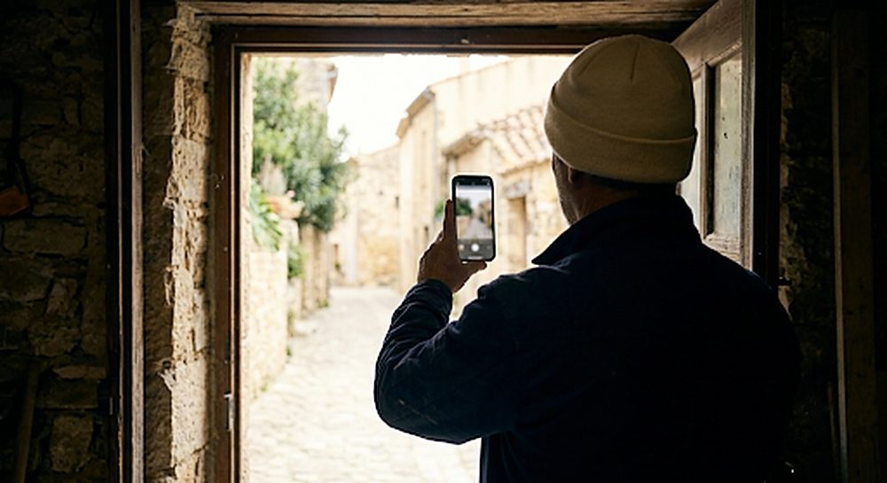 Silhouette à contre-jour dans l'embrasure d'une porte, téléphone à la main