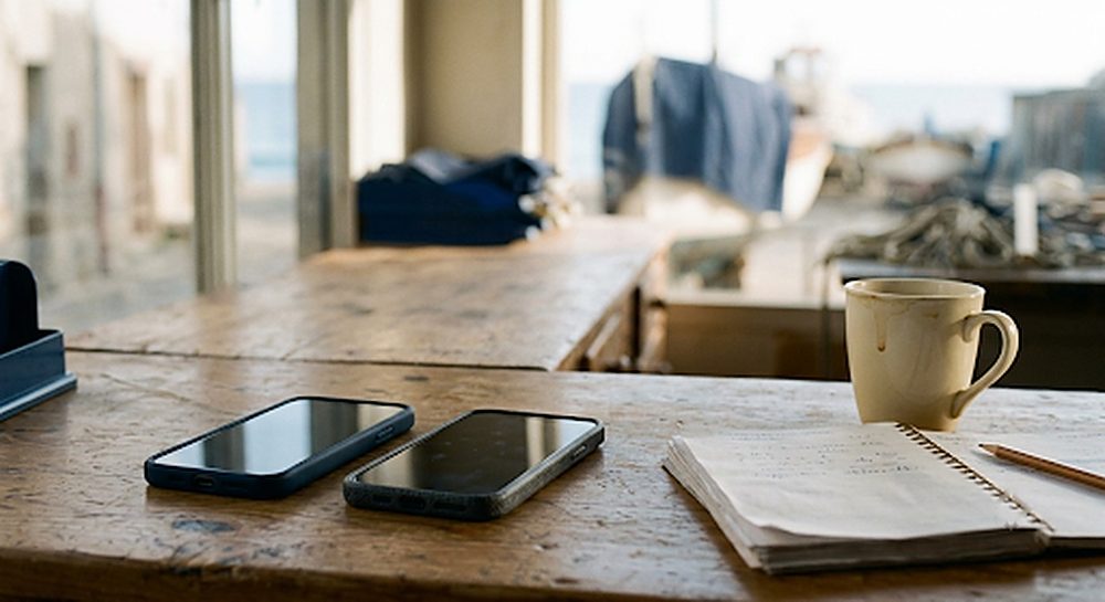 Deux smartphones éteints côte à côte sur une table en bois, tasse et carnet à côté