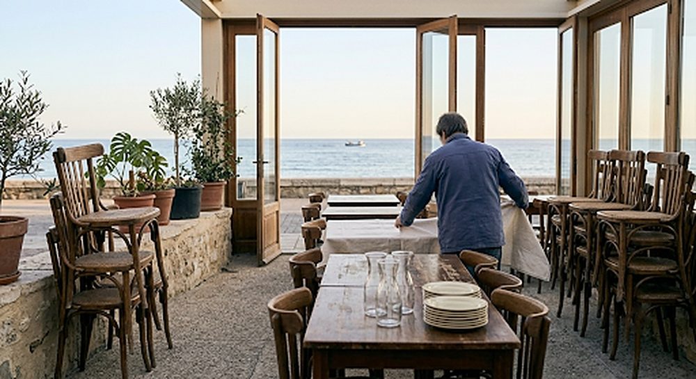 Restaurateur dressant les tables d'une terrasse en bord de mer avant l'ouverture