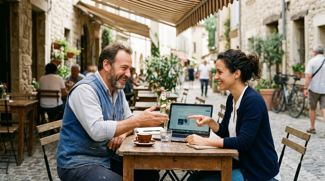 Rencontre entre un artisan et un prestataire web en terrasse à Perpignan