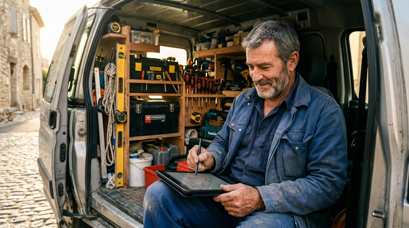 Artisan gérant son administratif depuis une tablette dans son véhicule utilitaire