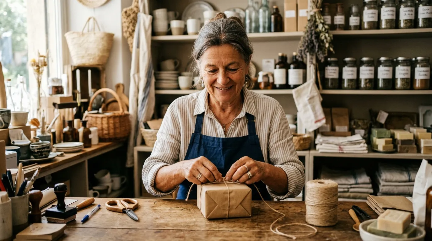 Commerçante locale préparant un colis pour une commande en ligne