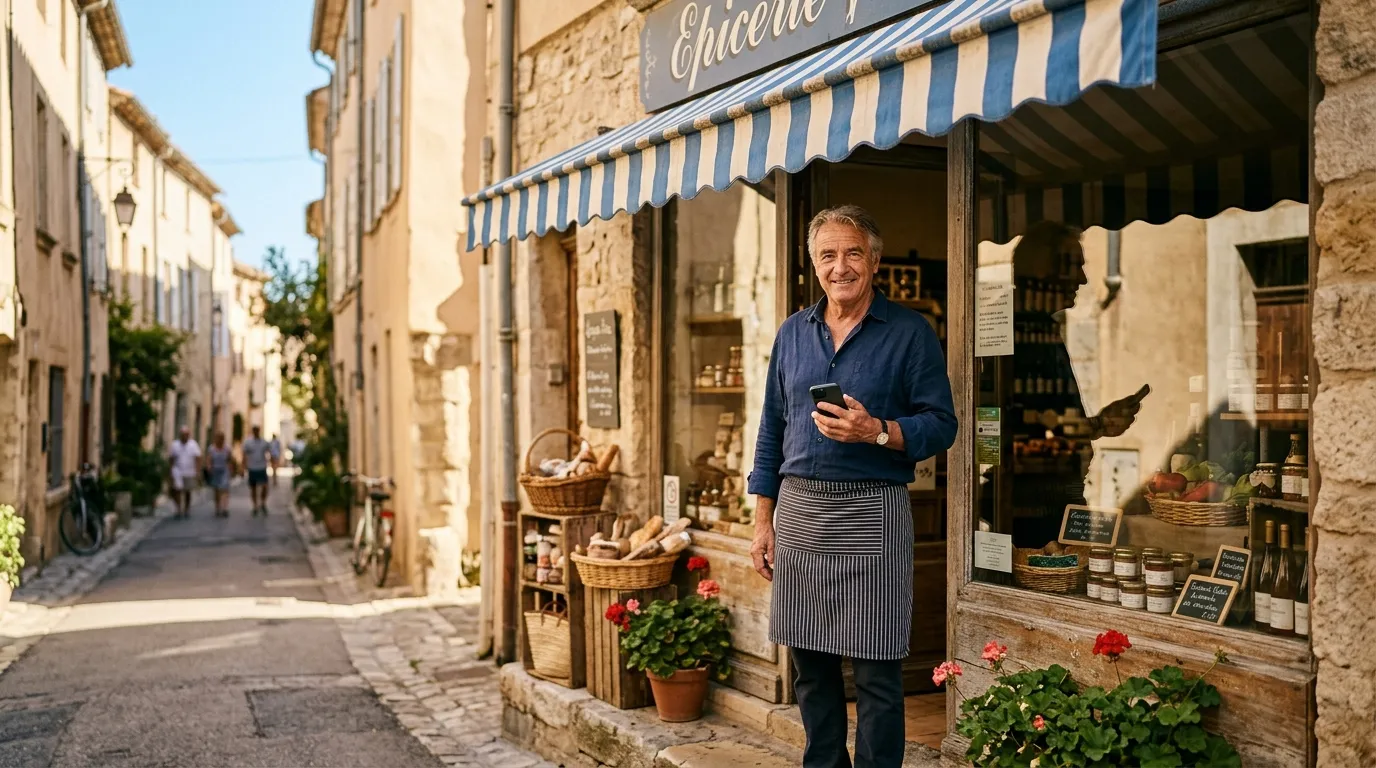 Commerçant devant sa vitrine à Perpignan, fiche Google Business Profile sur smartphone