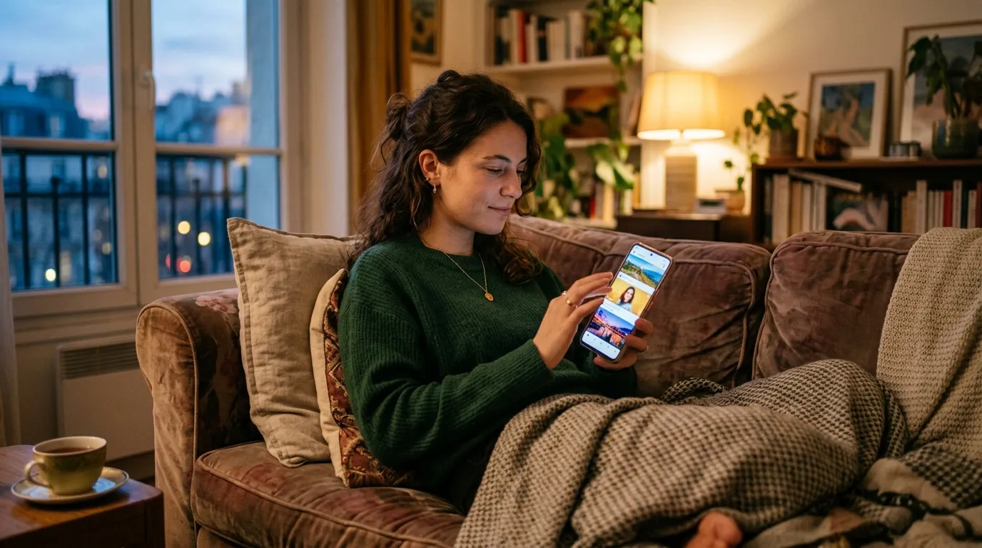 Utilisatrice découvrant des publicités locales dans son fil social sur mobile
