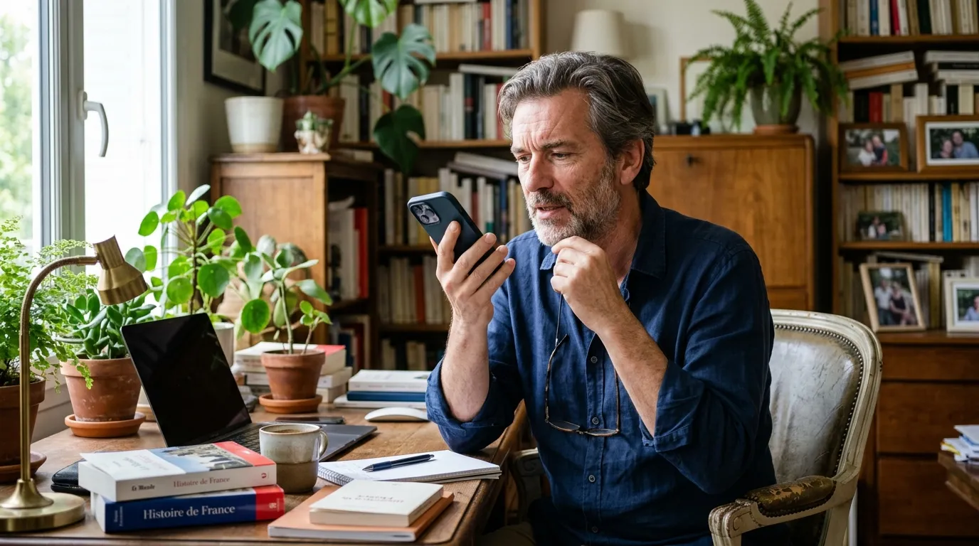 Utilisateur interrogeant un assistant IA à voix haute sur son smartphone