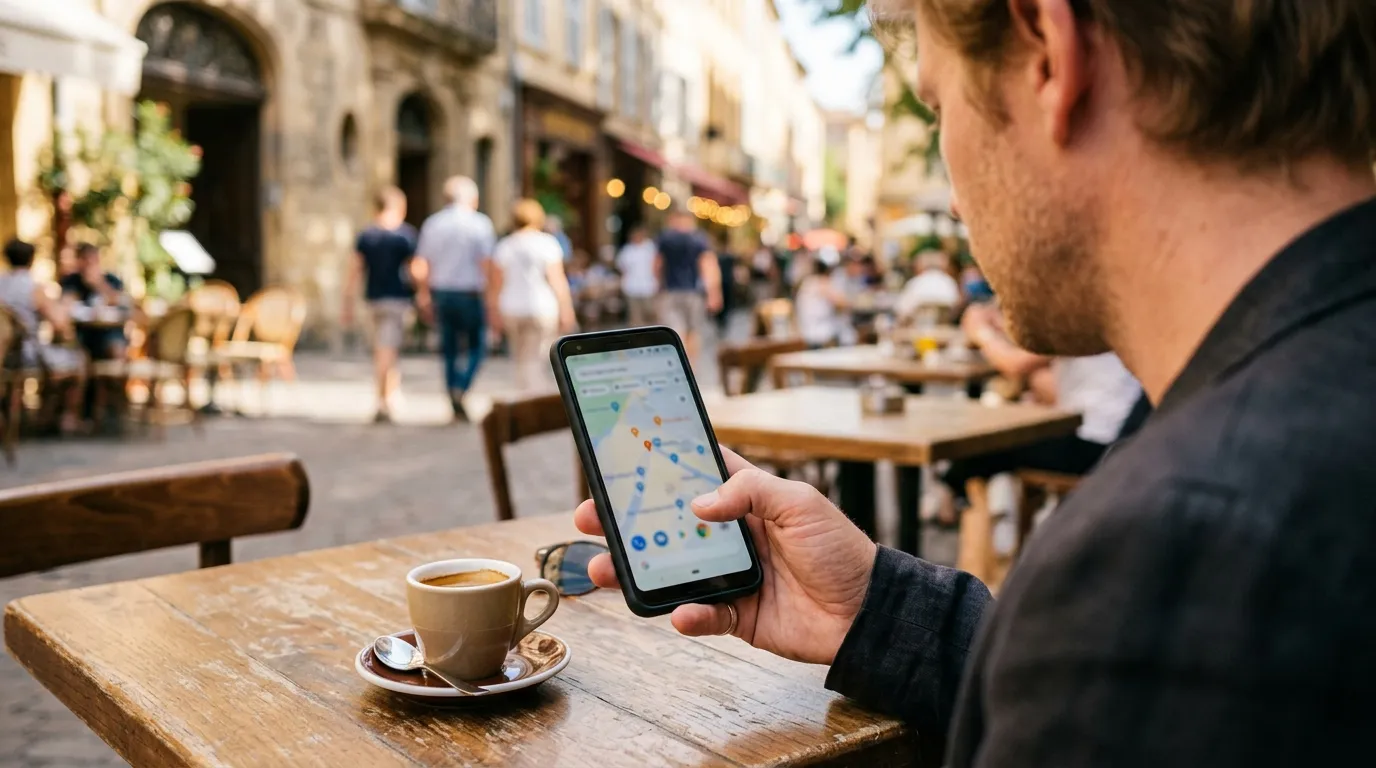 Recherche locale sur smartphone en terrasse : la proximité guide les résultats