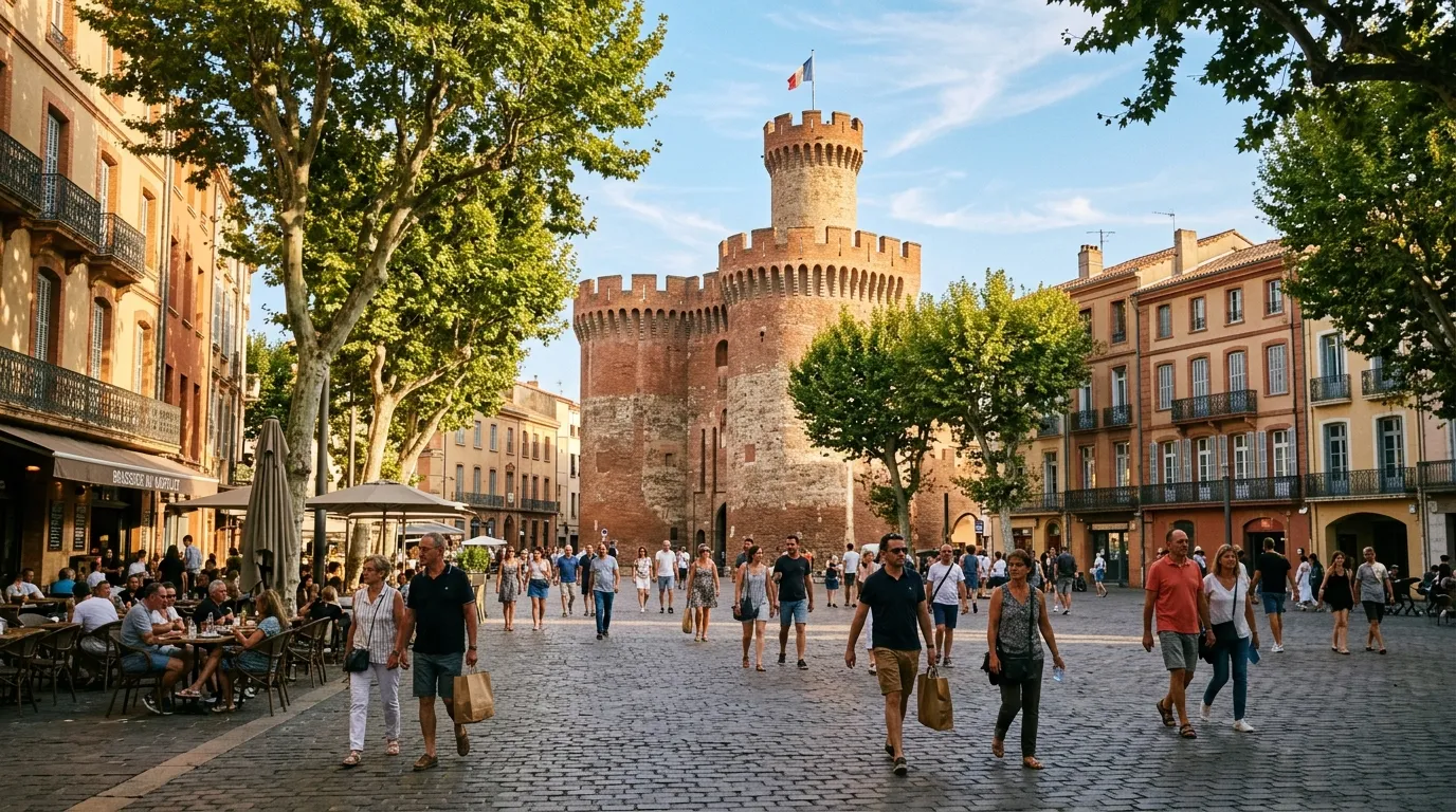 Place animée du centre-ville de Perpignan avec le Castillet
