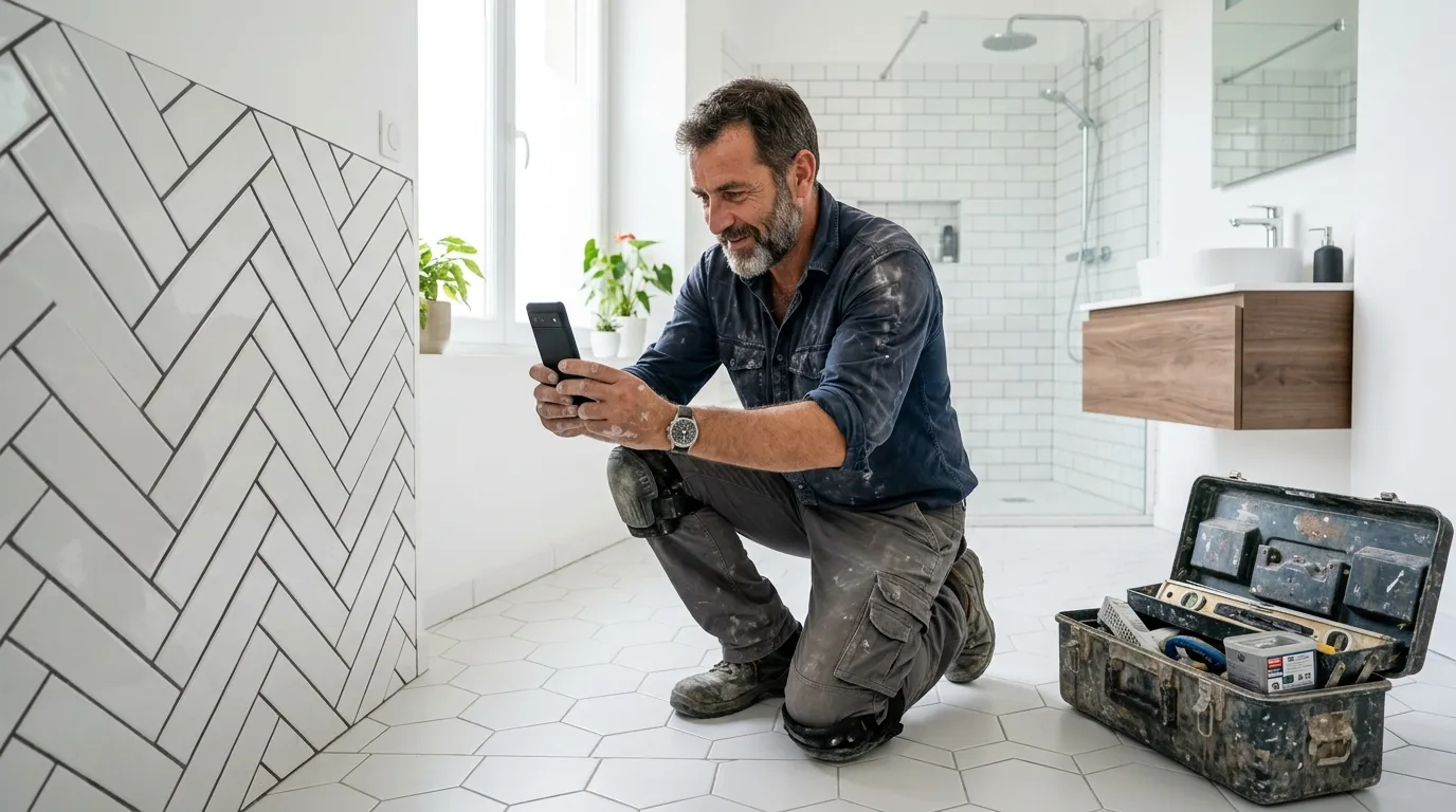 Carreleur photographiant son chantier terminé avec un smartphone