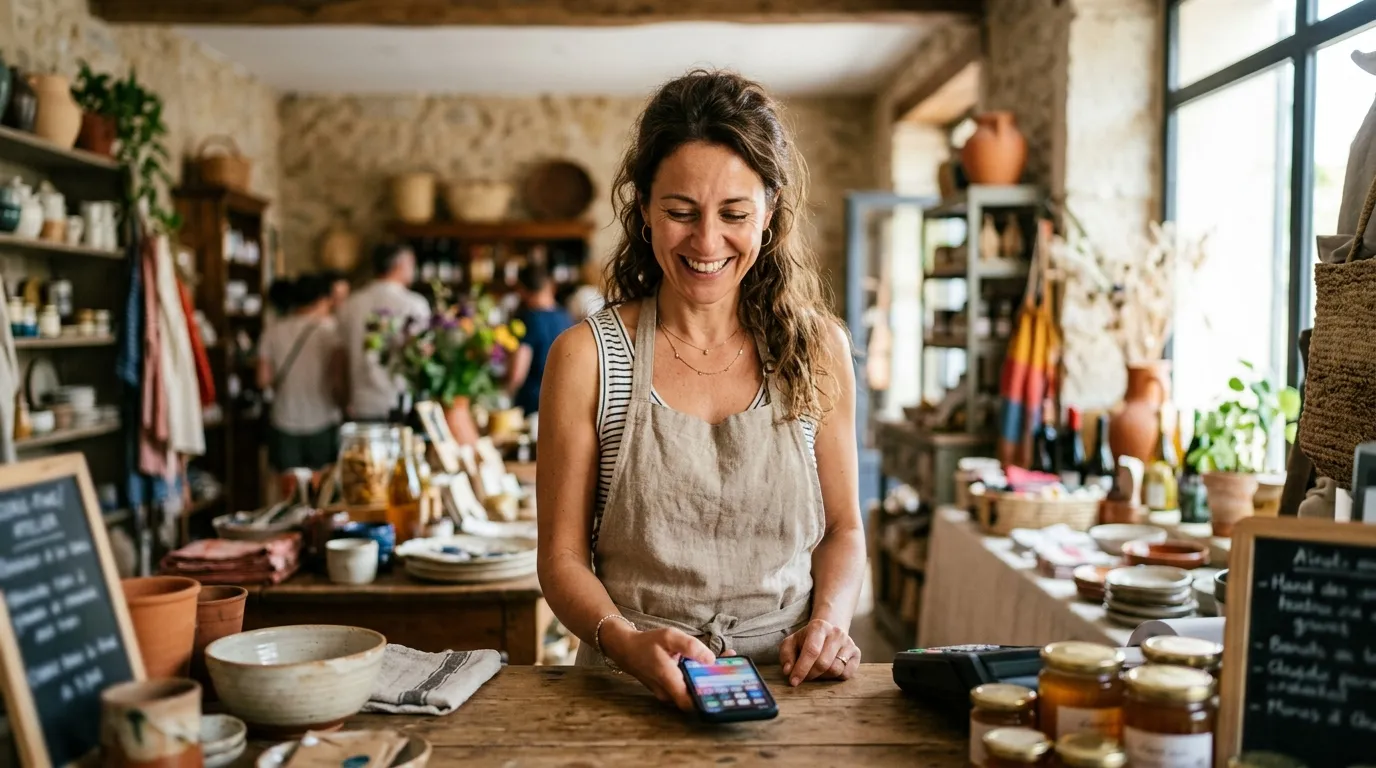 Commerçante recevant des notifications de nouvelles demandes clients sur son smartphone