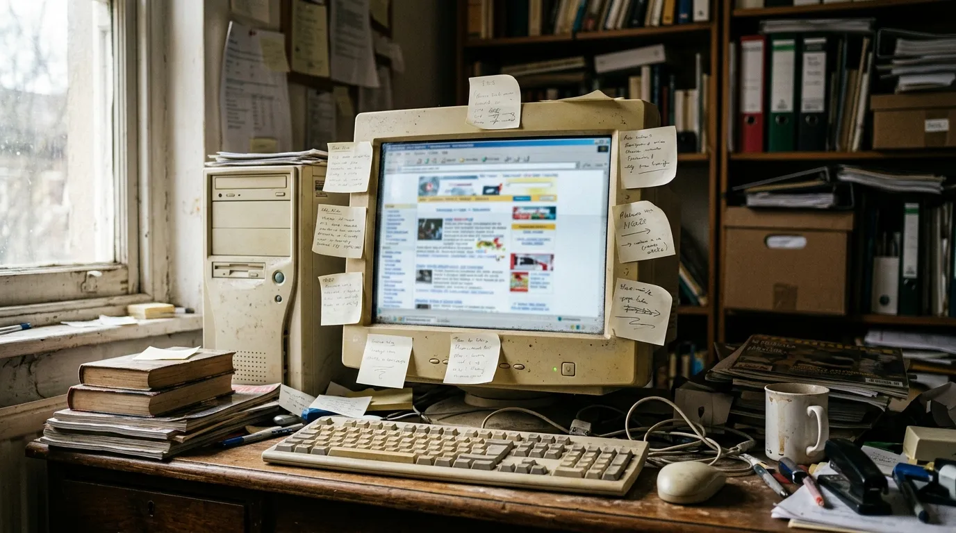 Ancien ordinateur affichant un site web vieillissant et encombré