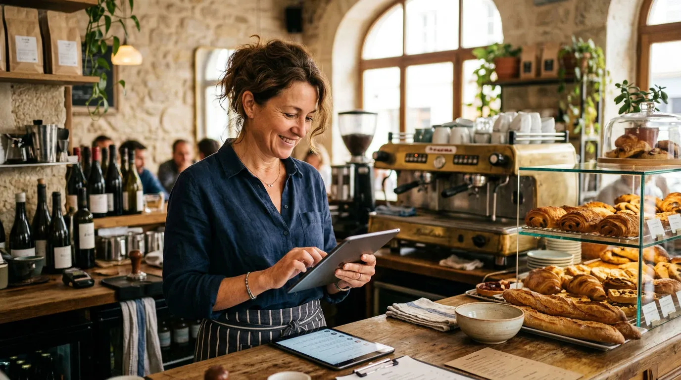 Commerçante répondant aux avis Google de son établissement sur tablette