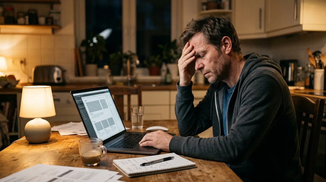 Entrepreneur bloqué tard le soir sur un éditeur de site en libre-service