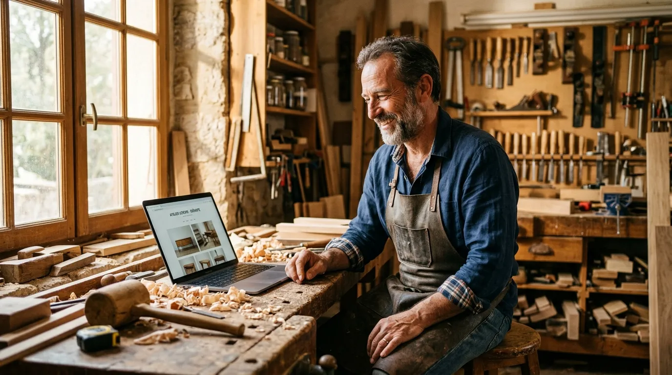 Artisan découvrant son nouveau site web professionnel dans son atelier