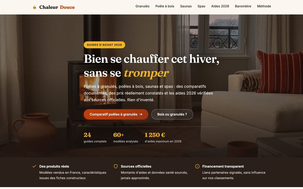 Page d'accueil de ChaleurDouce, guides d'achat chauffage et bien-être à domicile