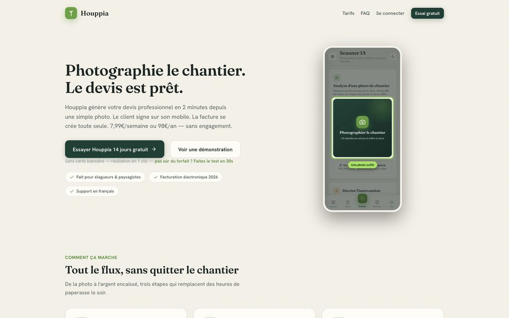 Page d'accueil de Houppia, outil de devis et factures pour les pros du végétal