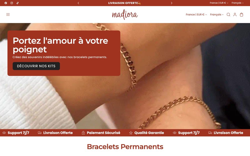 Page d'accueil de Madiora, boutique de bracelets permanents et coffrets cadeaux