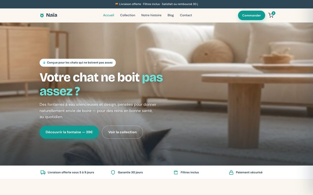 Page d'accueil de la boutique Naïa Pets, fontaines à eau pour chats et chiens