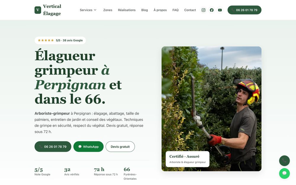 Page d'accueil du site de Vertical Élagage, élagueur grimpeur à Perpignan