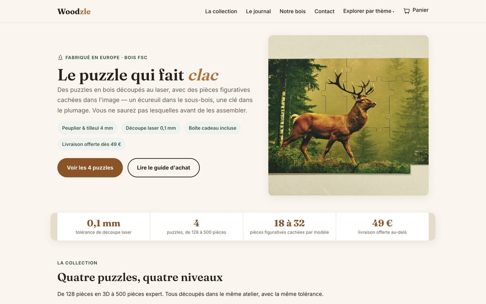 Page d'accueil de Woodzle, boutique de puzzles en bois découpés au laser